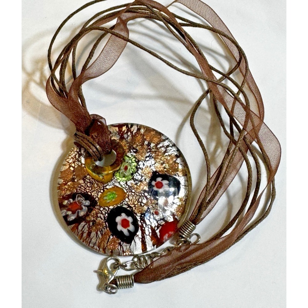 Murano Style Millefiori Glass Pendant Necklace Brown Multi Strand Gold Foil‎